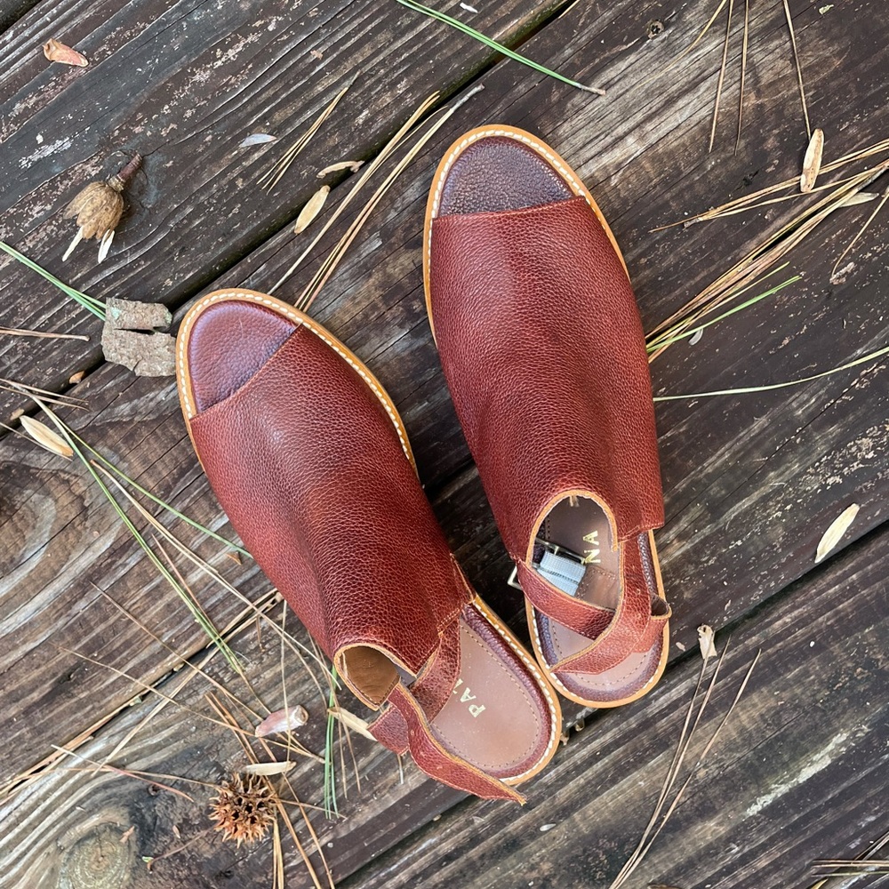 Portland leather sling-back mules! Size 8 1/2. Heel 1-1/2". Nutmeg. New!